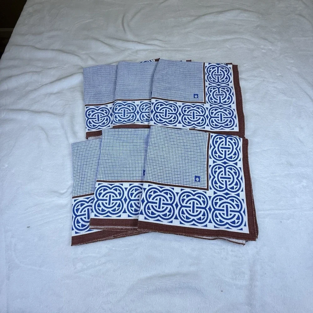 Vintage Anne Klein Cotton Scarf Handkerchief Lot Lion Logo Blue Brown Geometric